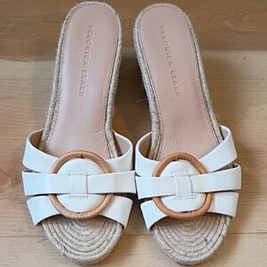 Veronica Beard White Espadrille Wedge Slide Sandals with Tan Ring